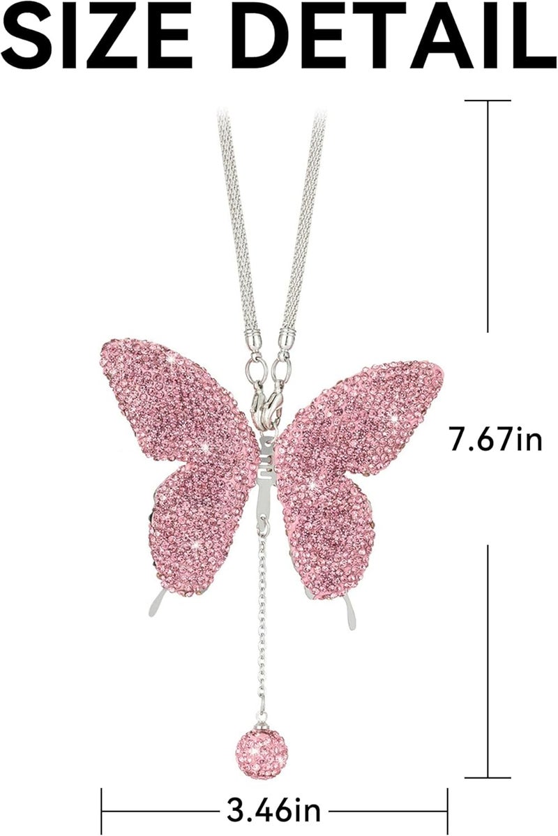 Couslcd Bling Butterfly Diamond Car Accessories, Crystal Car Rear View Mirror Charms for Women, Car Decoration Lucky Hanging Interior Crystal Ornament Pendant Decor for All Cars (Pink) - Image 2